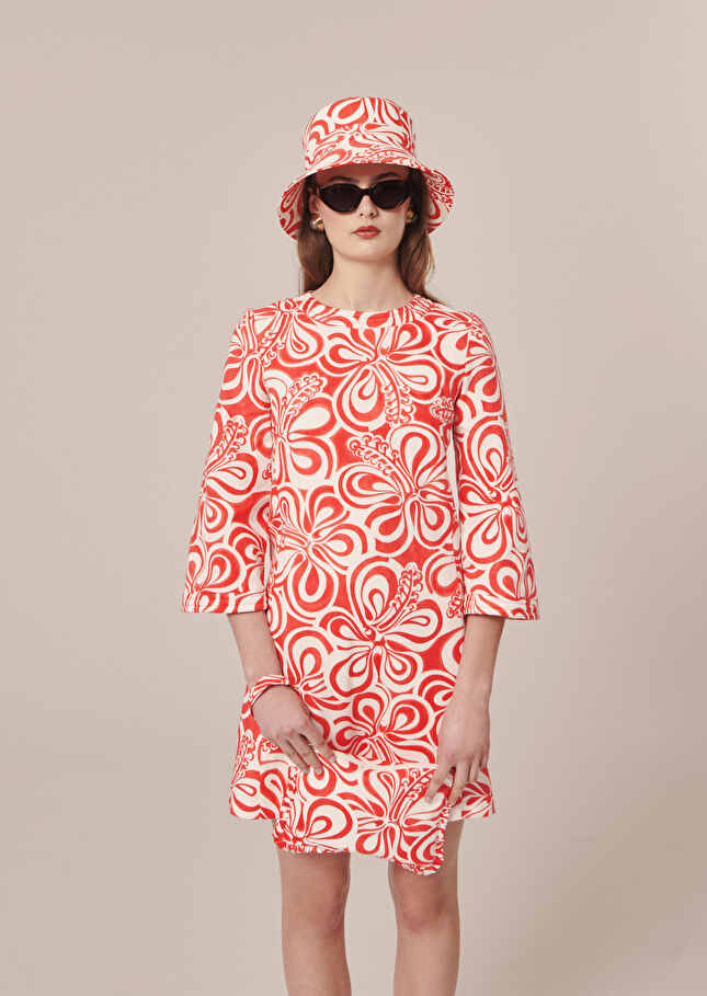 Rivanna Dress with coral graphic design cotton dress Coral TARA JARMON UK