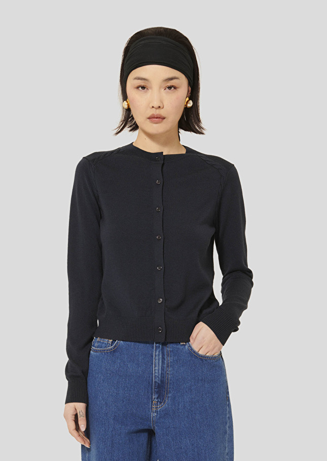 Midnight blue extrafine merino wool cardigan Ginno Night TARA JARMON UK