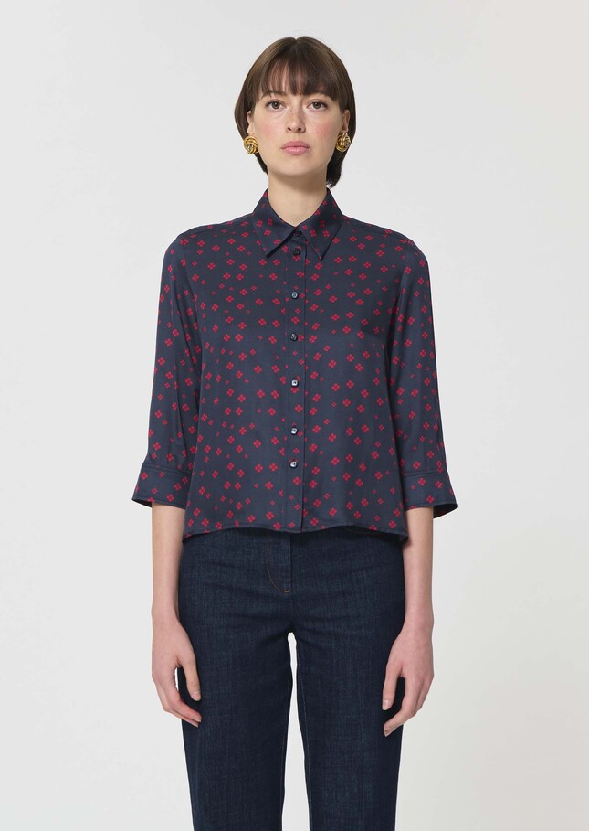 Charlot Shirt midnight blue with mini clover print Night TARA JARMON UK