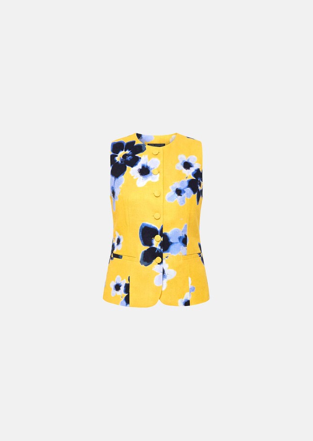 Giovanni Vest yellow floral print linen and cotton Mimosa TARA JARMON UK