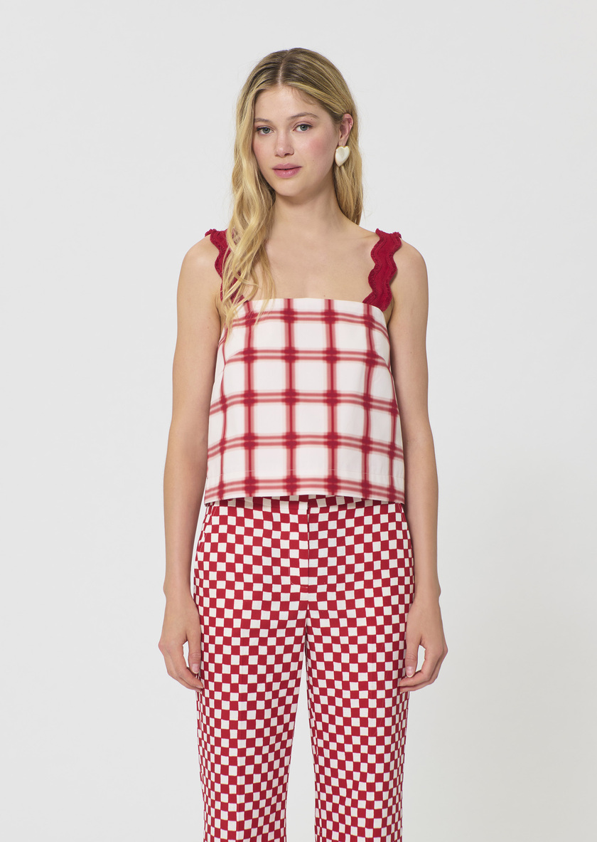 Top Thaddeo red checkered cotton Cerise TARA JARMON UK