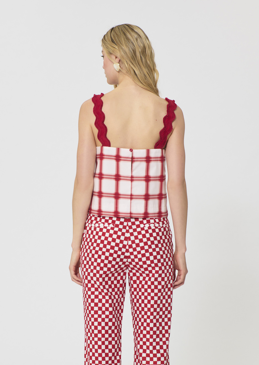 Top Thaddeo red checkered cotton Cerise TARA JARMON UK