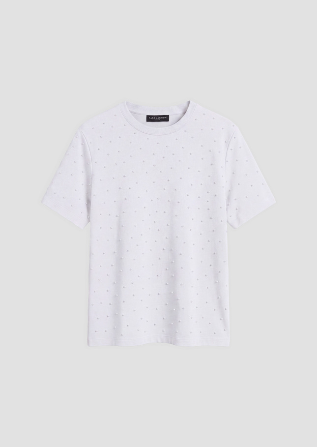 Tarapearl T-shirt white cotton embroidered with beads White TARA JARMON UK