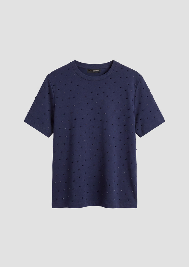 Tarapearl T-shirt midnight blue cotton embroidered with beads Night TARA JARMON UK